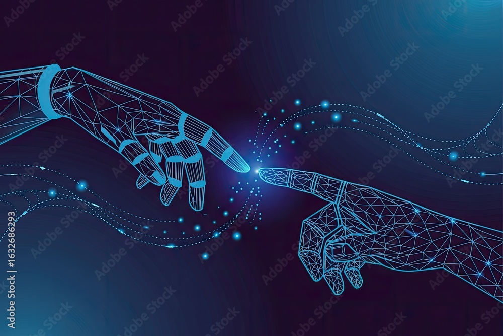 Poster two futuristic digital hands made of glowing blue lines and circuits reaching out to touch symbolizi