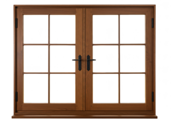 A pair of wooden french doors with panes and dark handles against a dark background is displayed on transparent background