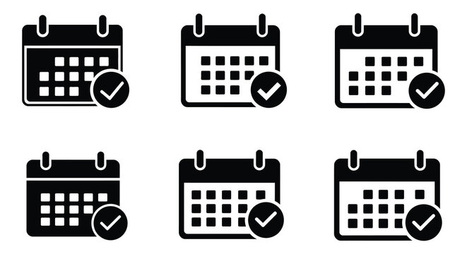 Collection of six black calendar icons with a checkmark indicating a completed event or appointment silhouette. vector design. Silhouette vector design illustration
