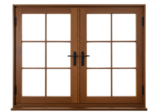 A pair of wooden french doors with panes and dark handles against a dark background is displayed on transparent background