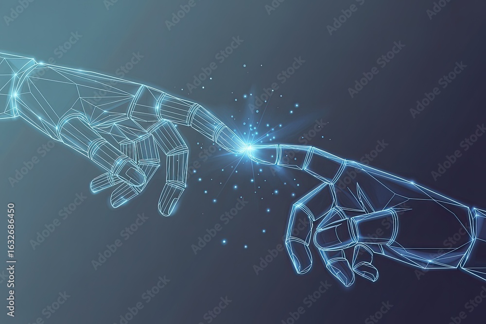 Poster two futuristic glowing digital wireframe hands reaching out and touching fingertips with a bright sp