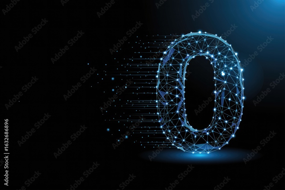 Poster abstract digital glowing number zero formed by glowing particles and lines on a dark futuristic back