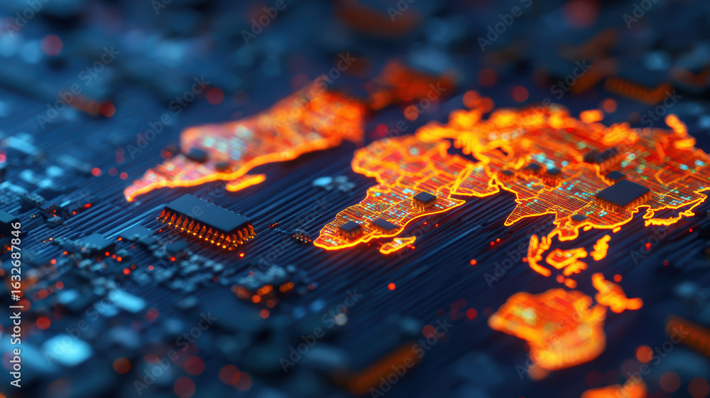 Poster a digital representation of a world map illuminated with vibrant orange lines on a dark, circuit-lik