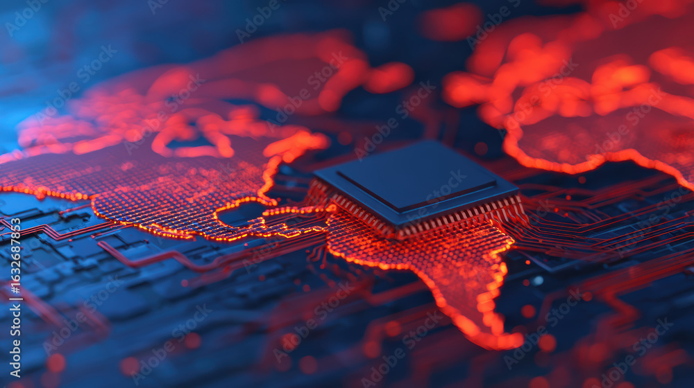 Poster a vibrant digital representation of a microchip overlaid on a world map, symbolizing technology and 