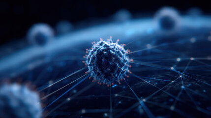 A detailed microscopic view of a virus, showcasing its structure and surrounding connections, highlighting the intricacies of viral biology.
