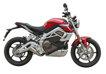 Side view of a red and silver motorcycle with a round headlight and disc brakes on both wheels on transparent background