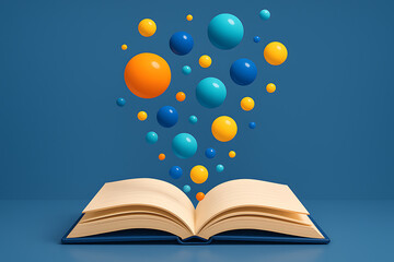 Open book with colorful 3d spheres floating above on blue background, imagination and creativity in education concept