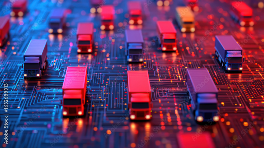 Poster a digital composition featuring miniature trucks on a circuit board, illuminated with vibrant colors