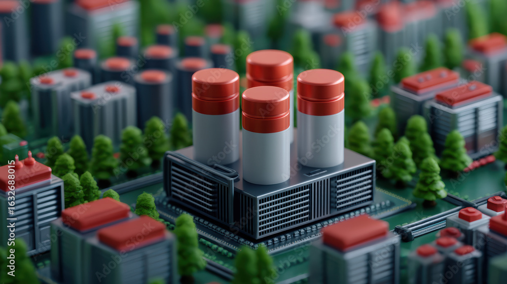 Aufkleber a miniature-style industrial complex is depicted, featuring tall structures with red tops, surrounde