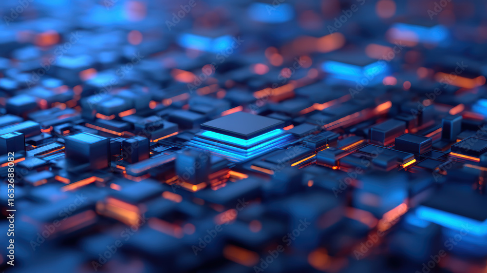 Poster a vibrant abstract representation of a circuit board with intricate patterns of blue and orange ligh