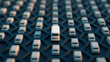 Fototapeta premium Aerial view of numerous trucks arranged in a grid, highlighting one prominent truck among many, symbolizing logistics and transport efficiency.