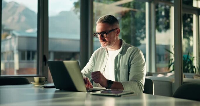 Laptop, tablet and research with business man in office for article editor, planning and publication. Email newsletter, proofreading draft and journalist story with person and stylus for report