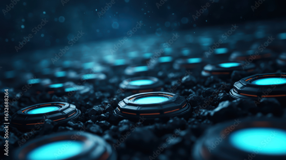 Poster a futuristic landscape featuring glowing blue elements embedded in a textured surface, creating a hi