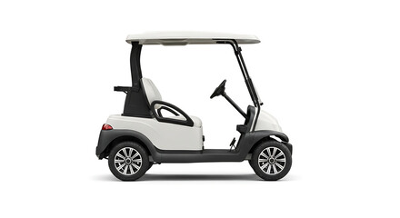 Side view of a white and black golf cart with a roof on a white background in a studio setting ai generated