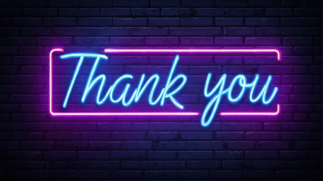 Neon light sign with text "Thank you" on a dark brick wall background - Powered by Adobe