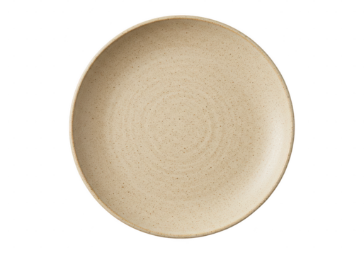 A light beige plate with subtle speckles centered on a dark surface showcasing its simple design on transparent background