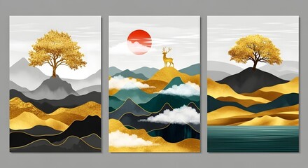 Golden tree landscape painting deer mountain sun abstract art nature scenic wall decor design