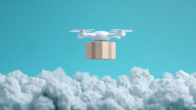 A drone is delivering a package above fluffy clouds against a bright blue sky, symbolizing modern delivery services and technology.