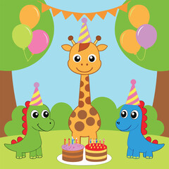 Naklejka premium Cute giraffe and dinosaurs celebrate a birthday party