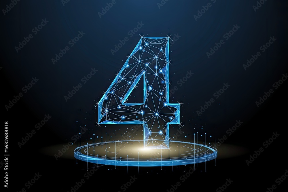 Poster abstract glowing blue digital number four constructed from interconnected lines and dots on a dark f