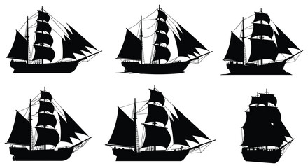 Collection of six vintage sailing ship silhouettes in various poses and angles. vector design. Silhouette vector design illustration  © MIRAJ02