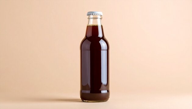 Classic Glass Bottle of Dark Beverage with Silver Cap on Seamless Beige Background, Studio Shot