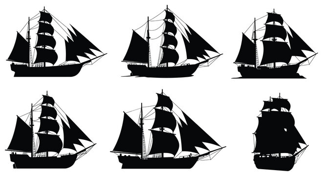 Collection of six vintage sailing ship silhouettes in various poses and angles. vector design. Silhouette vector design illustration
