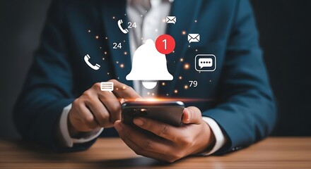 Person using a smartphone, interacting with digital notification icons for messages, calls, and alerts