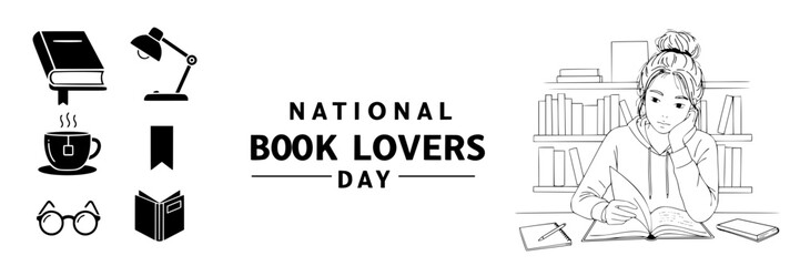 National Book Lovers Day illustration with reading girl and items - set of vectors and icons