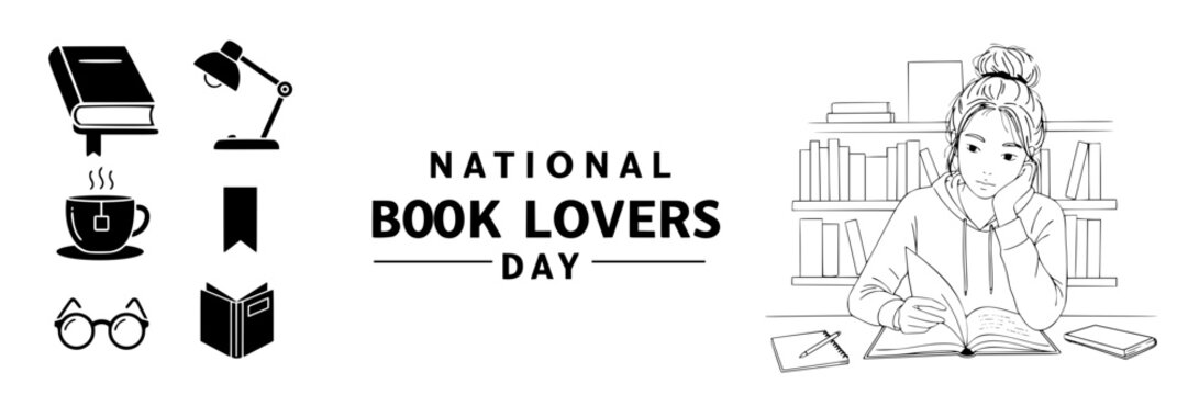 National Book Lovers Day illustration with reading girl and items - set of vectors and icons - Powered by Adobe