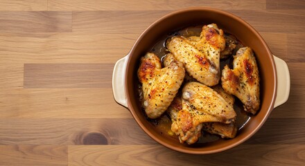 焼き色が美しいチキンウィング　食欲をそそる木製テーブルの上で