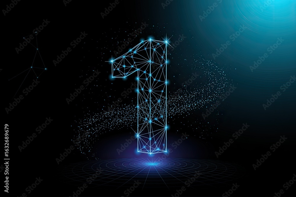 Poster abstract glowing digital number one formed by interconnected glowing lines and particles on a dark f