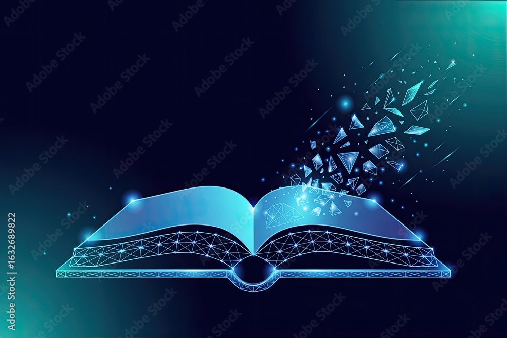 Poster an open glowing blue book with pages dissolving into digital particles and geometric shapes against 