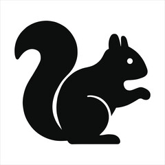 A simple black silhouette of a squirrel with a bushy tail sitting on its hind legs isolated on a white background
