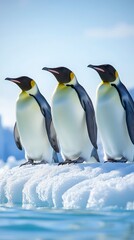 Fototapeta premium Three Emperor Penguins Standing on Ice in a Bright Arctic Landscape