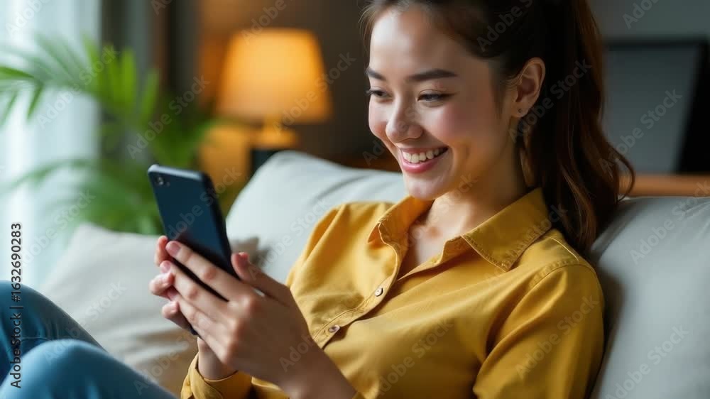 Poster a person sitting on a couch using a mobile device, often used in social media or communication conte