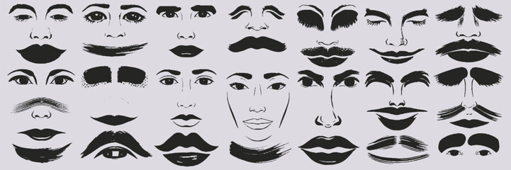 set of distinct face brushstroke designs in varying widths and styles, all rendered in black and gray. The strokes include solid.
