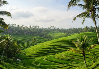 緑輝く棚田の風景、朝日の柔らかな光に包まれて