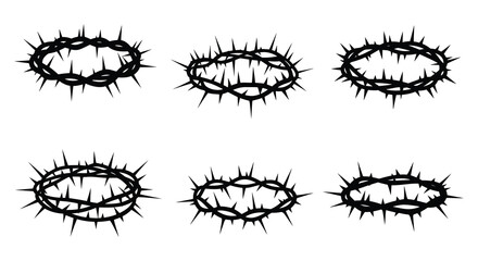 Six black silhouette illustrations of a crown of thorns symbolizing sacrifice and suffering. vector design. Silhouette vector design illustration
