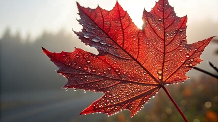 Close up of a vibrant red maple leaf covered in morning dew drops