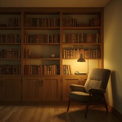 Fototapeta premium A minimalist retro library corner with wooden shelves full of vintage books, a cozy armchair, and a warm reading lamp, evoking timeless calm and nostalgic atmosphere.