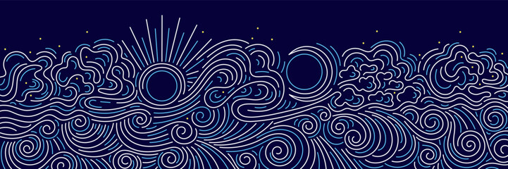 Sun, moon, cloud line. Sea, graphic wave backdrop © Yauheniya_Bandaruk