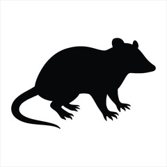 Black silhouette of a rodent with a long tail and pointed ears on a white background