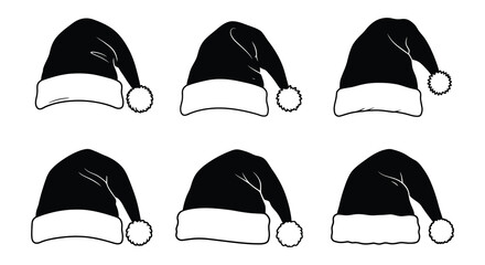 Six black santa claus hats with white trim and pom poms in a silhouette style. vector design. Silhouette vector design illustration
