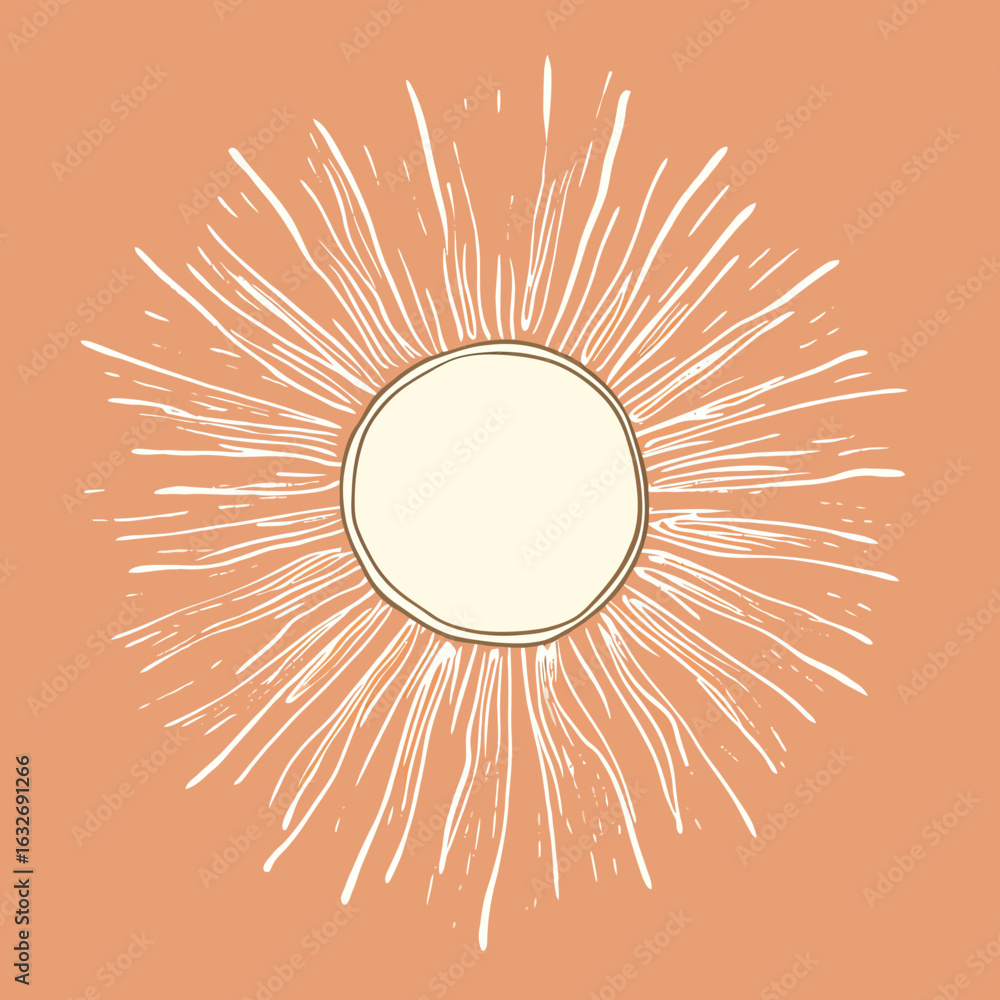 Poster hand drawn white sun rays abstract sketch with irregular lines on beige background minimalistic simp