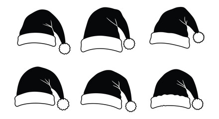 Fototapeta premium Collection of six festive santa claus hats with white trim and pom poms in a stylized silhouette design. vector design. Silhouette vector design illustration 