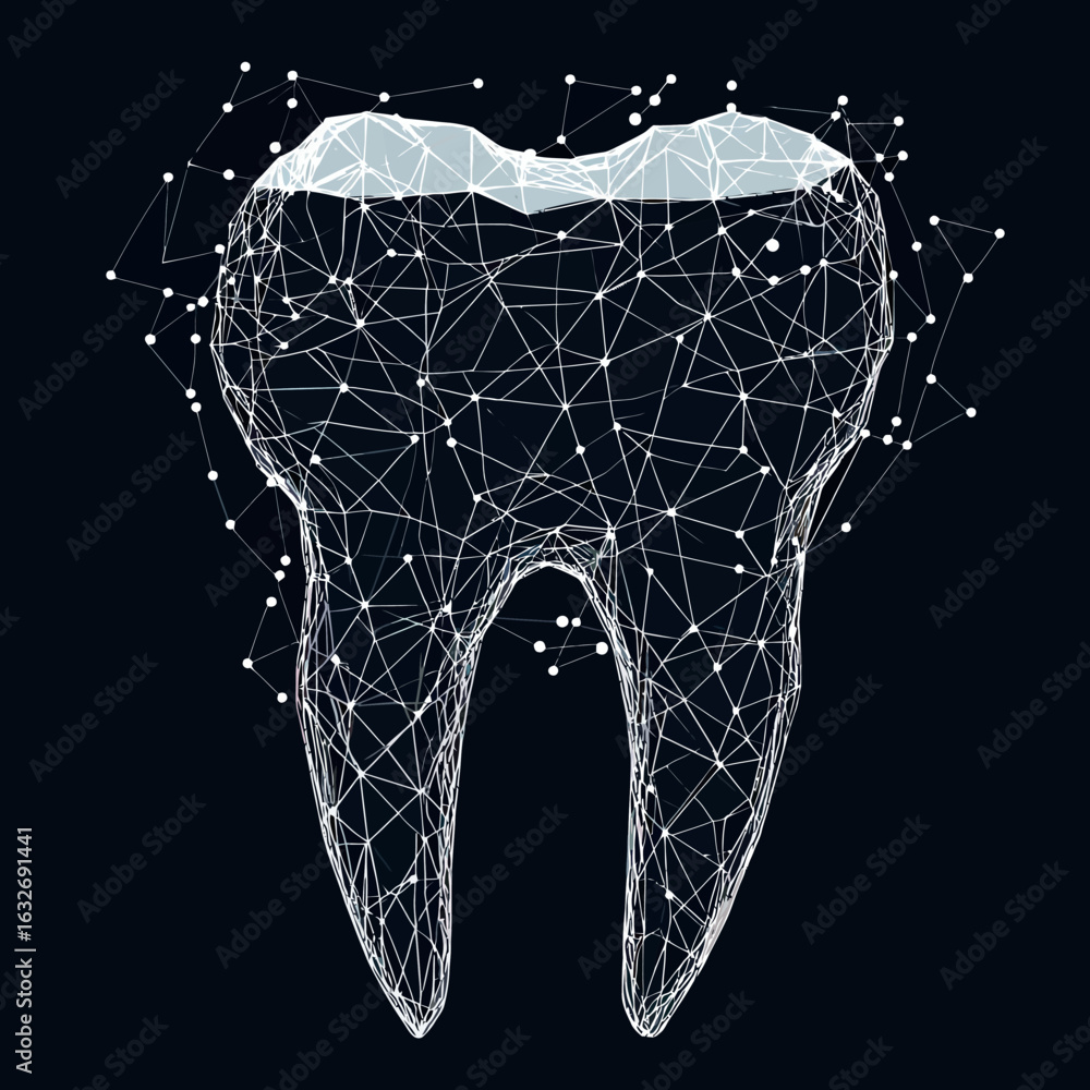 Poster polygonal wireframe tooth with connected dots and lines dental structure visualization on dark backg