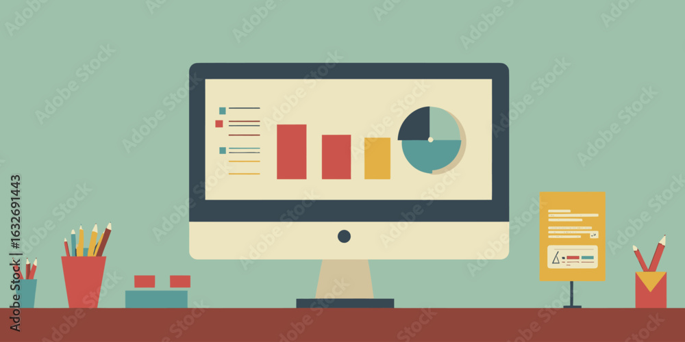 Poster flat minimalist vector illustration of desktop monitor displaying colorful bar chart and pie graph o