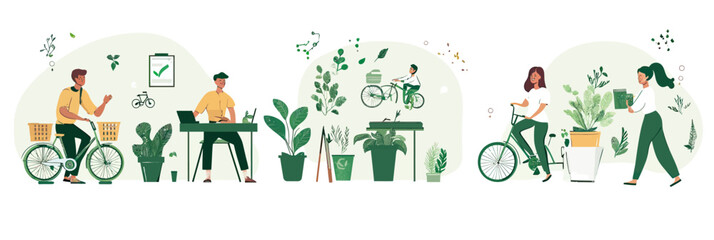 Sustainable office environment with business people riding bikes, working with plants, recycling in minimalist flat vector style illustration