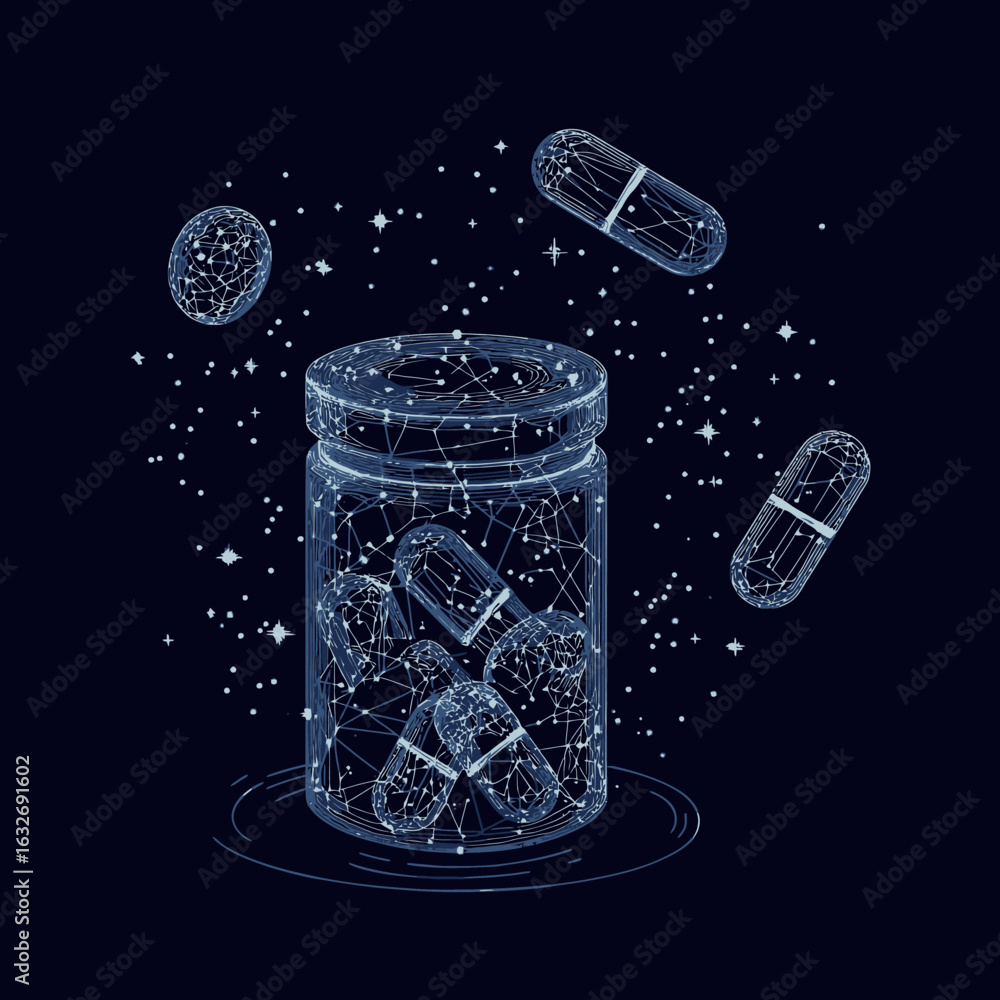Poster wireframe vector illustration of transparent pill bottle with capsules and spherical pills inside an